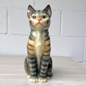 Vintage 😺 Forlorn Cat 11.25” Tall Ceramic Sitting Kitty Sculpture Figurine Art